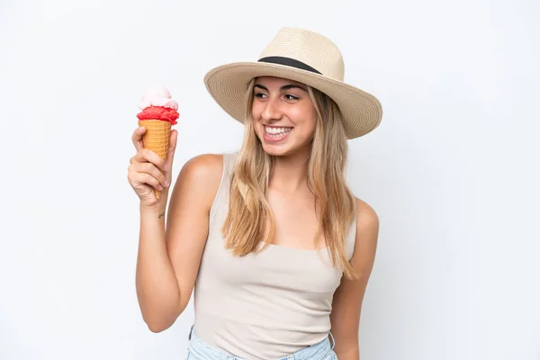 Young Caucasian Woman Cornet Ice Cream Isolated White Background Happy — 스톡 사진