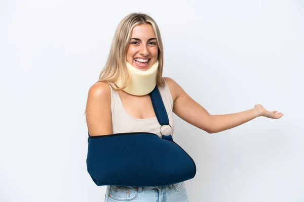 Woman Broken Arm Wearing Sling Isolated White Background Extending Hands —  Fotos de Stock