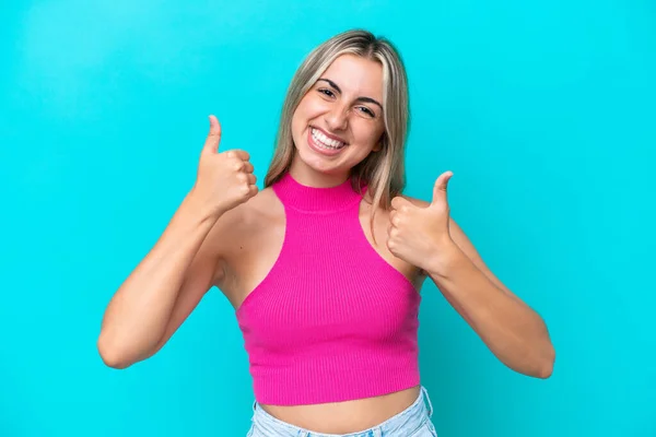 Young Caucasian Woman Isolated Blue Background Thumbs Gesture Smiling — Stock Photo, Image