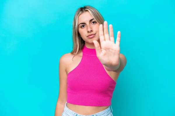 Young Caucasian Woman Isolated Blue Background Making Stop Gesture — Stock Photo, Image
