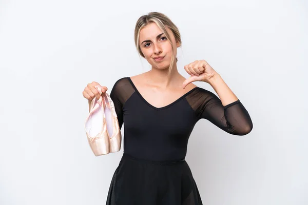 Young Caucasian Woman Practicing Ballet Isolated White Background Showing Thumb — Foto Stock