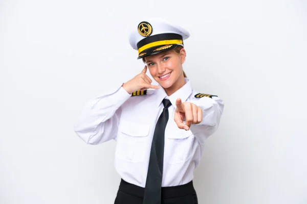 Літак Білий Пілот Жінка Ізольована Білому Тлі Робить Телефонний Жест — стокове фото