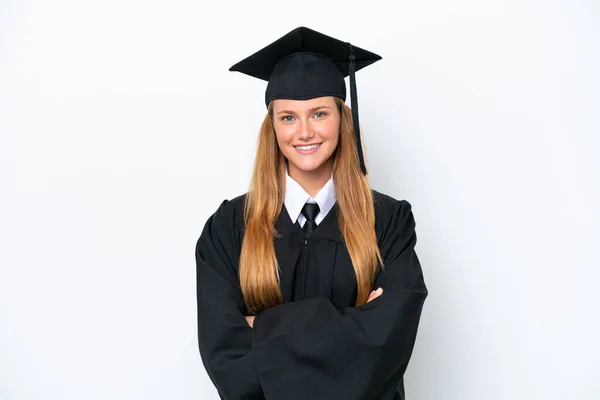 stock image Young university graduate caucasian woman isolated on white background keeping the arms crossed in frontal position