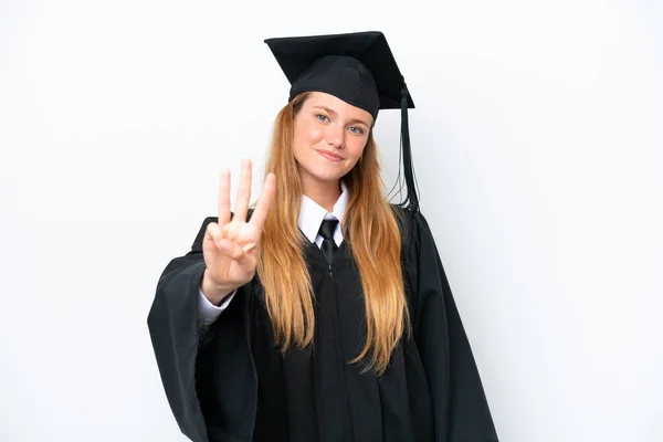 Νεαρή Απόφοιτος Πανεπιστημίου Καυκάσιος Γυναίκα Απομονωμένη Λευκό Φόντο Ευτυχισμένη Και — Φωτογραφία Αρχείου