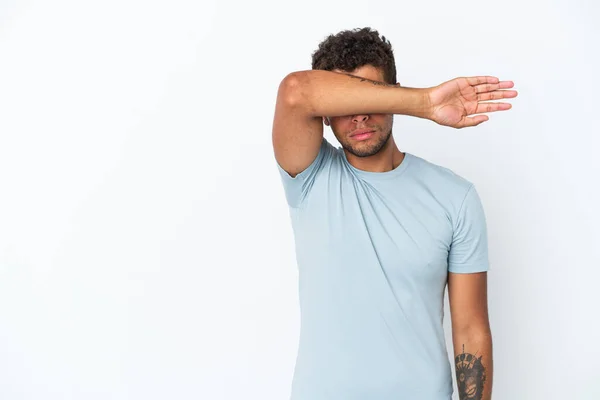 Young Handsome Brazilian Man Isolated White Background Covering Eyes Hands — Stock Photo, Image