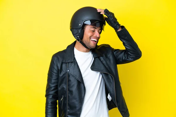 Young Brazilian Man Motorcycle Helmet Isolated Yellow Background Has Realized — Foto de Stock