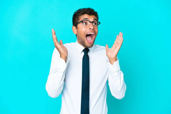 Young Business Brazilian Man Isolated Blue Background Surprise Facial Expression — Stock Photo, Image