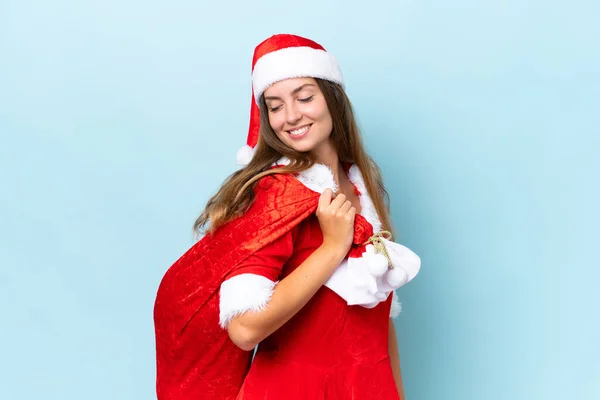 Jeune Femme Caucasienne Habillée Comme Maman Noel Tenant Sac Noël — Photo