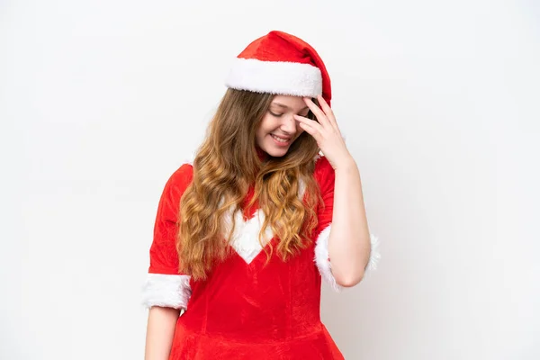 Jovem Caucasiana Com Vestido Natal Isolado Fundo Branco Rindo — Fotografia de Stock