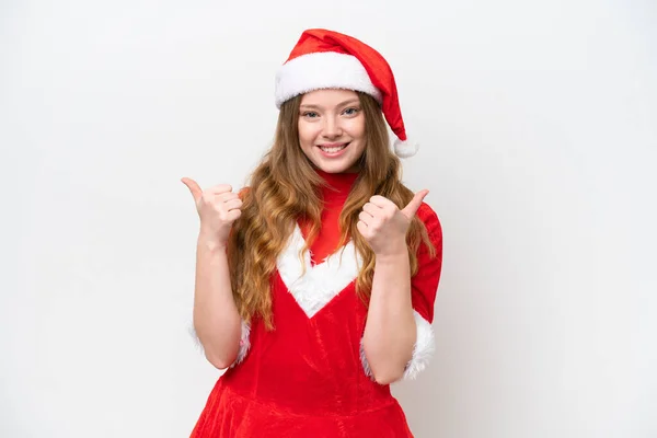 Junge Kaukasische Frau Mit Weihnachtskleid Isoliert Auf Weißem Hintergrund Mit — Stockfoto