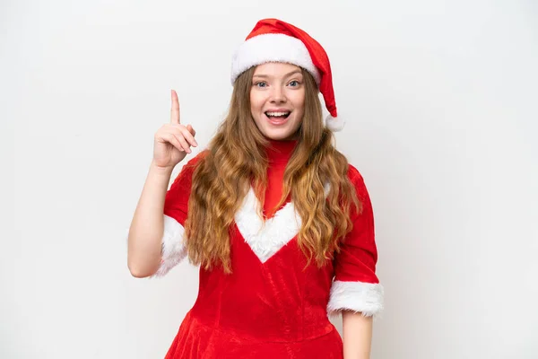 Jeune Femme Caucasienne Avec Robe Noël Isolée Sur Fond Blanc — Photo