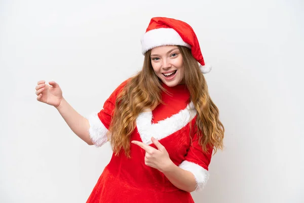 Jovem Caucasiana Com Vestido Natal Isolado Fundo Branco Fazendo Gesto — Fotografia de Stock