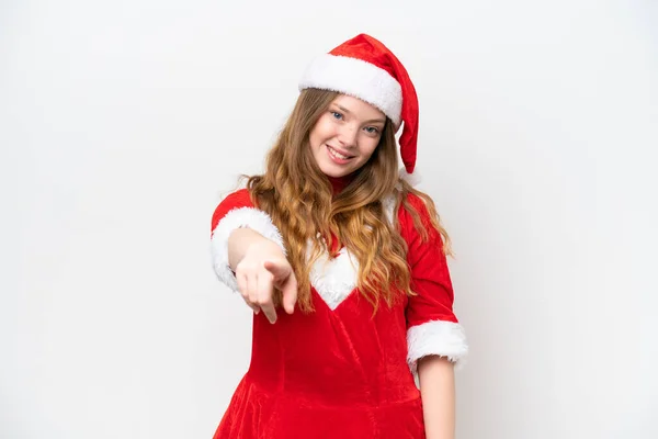 若いですCaucasian女性とともにクリスマスドレス隔離上の白い背景点指であなたに自信を持って式 — ストック写真