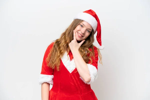 年轻的高加索女人 穿着白色背景的圣诞礼服 面带微笑 — 图库照片