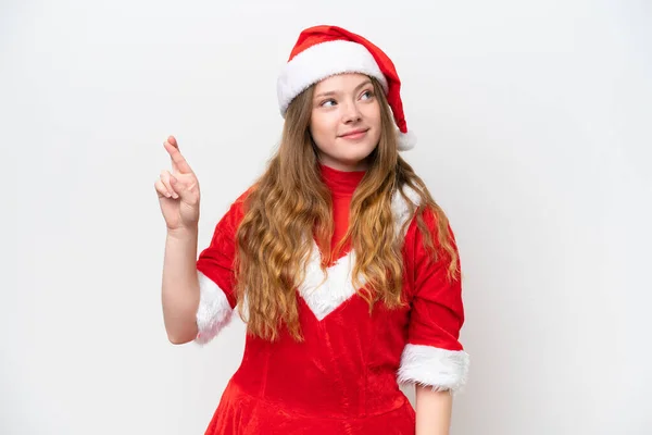Giovane Donna Caucasica Con Abito Natale Isolato Sfondo Bianco Con — Foto Stock