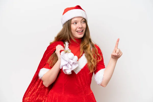 Mladá Běloška Žena Vánočními Šaty Drží Vánoční Pytel Izolované Bílém — Stock fotografie