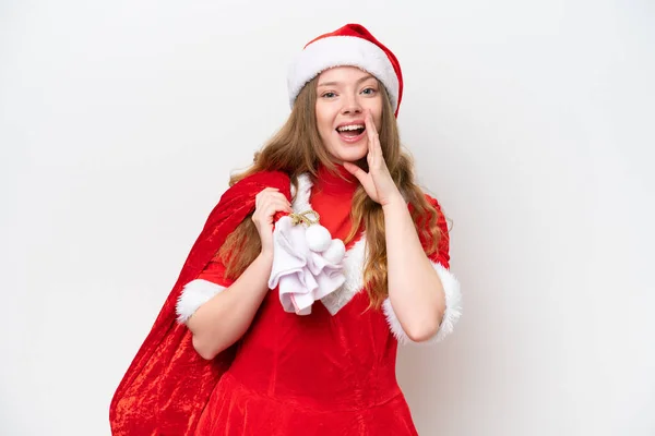 Jeune Femme Caucasienne Avec Robe Noël Tenant Sac Noël Isolé — Photo