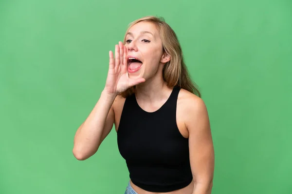 Young Blonde Woman Isolated Background Shouting Mouth Wide Open Side — Stock Photo, Image
