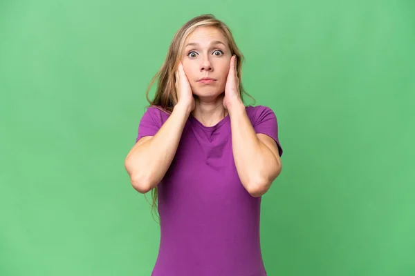 Young Blonde Woman Isolated Background Frustrated Covering Ears — Stock Photo, Image