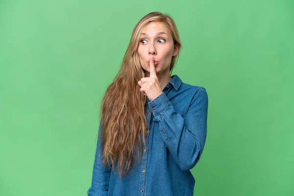 Young Blonde Woman Isolated Background Showing Sign Silence Gesture Putting — Stock Photo, Image