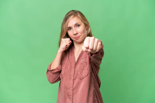 Young Blonde Woman Isolated Background Fighting Gesture — Stock Photo, Image