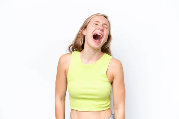 Junge Kaukasische Frau Isoliert Auf Weißem Hintergrund Lacht — Stockfoto
