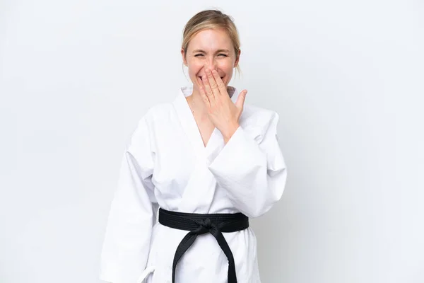 Joven Mujer Caucásica Haciendo Karate Aislado Sobre Fondo Blanco Feliz —  Fotos de Stock