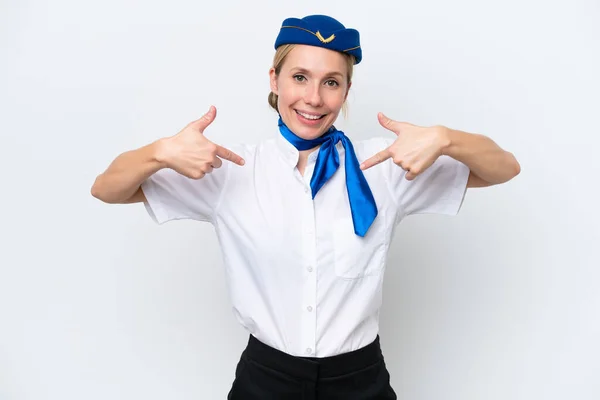 飛行機ブロンドスチュワーデス女性孤立した白い背景誇りと自己満足 — ストック写真