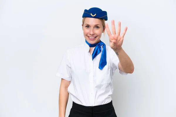 飛行機ブロンドスチュワーデス女性孤立しました上の白い背景幸せとカウント4とともに指 — ストック写真