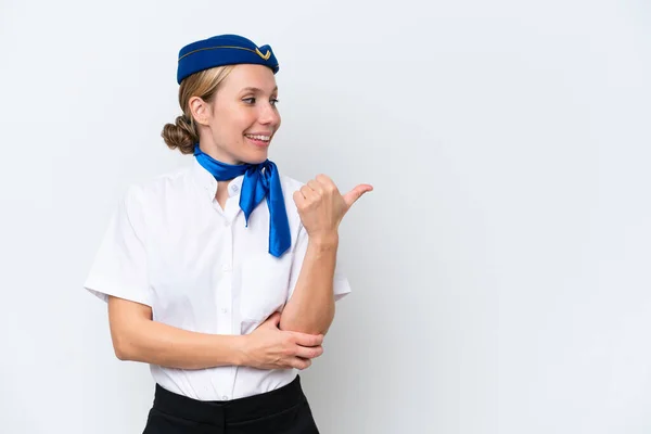 Αεροπλάνο Ξανθιά Αεροσυνοδός Γυναίκα Απομονωμένη Λευκό Φόντο Που Δείχνει Προς — Φωτογραφία Αρχείου
