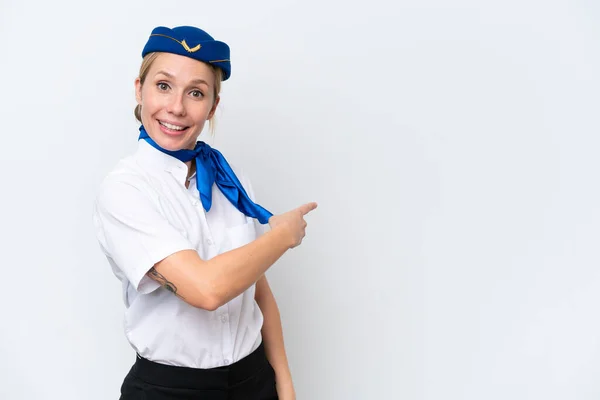 Αεροπλάνο Ξανθιά Αεροσυνοδός Γυναίκα Απομονωμένη Λευκό Φόντο Που Δείχνει Πίσω — Φωτογραφία Αρχείου