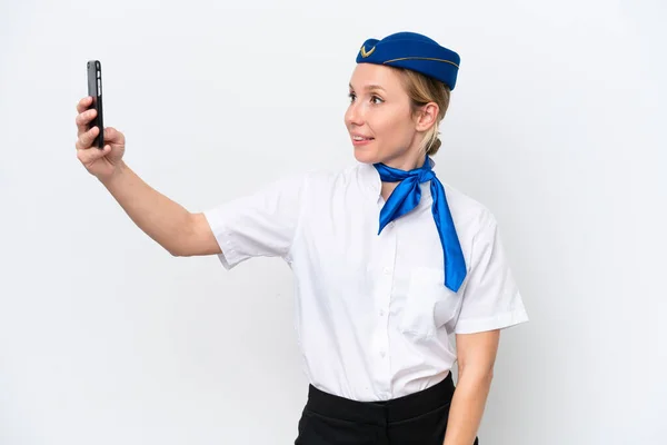 Flygplansblond Flygvärdinna Kvinna Isolerad Vit Bakgrund Gör Selfie — Stockfoto