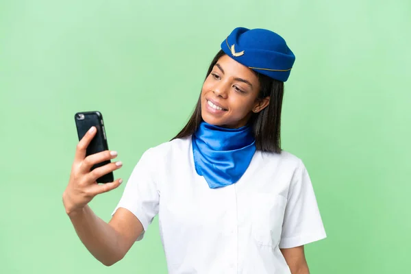 Hôtesse Air Femme Afro Américaine Sur Fond Isolé Faire Selfie — Photo