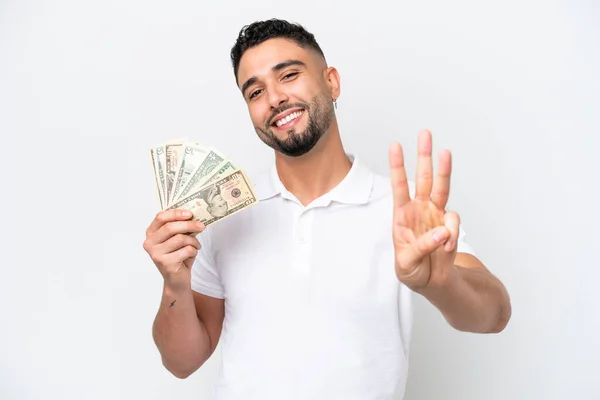 Νεαρός Άραβας Παίρνει Πολλά Χρήματα Απομονωμένος Λευκό Φόντο Χαρούμενος Και — Φωτογραφία Αρχείου