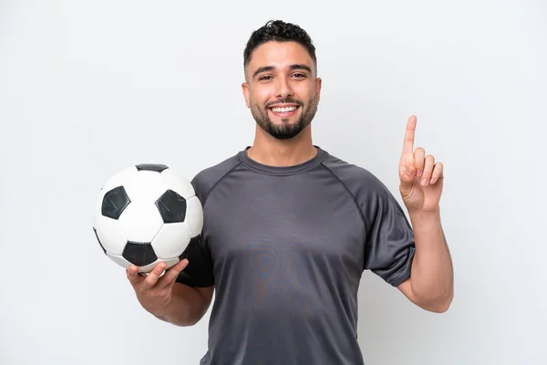 Árabe Joven Futbolista Hombre Aislado Sobre Fondo Blanco Señalando Una —  Fotos de Stock