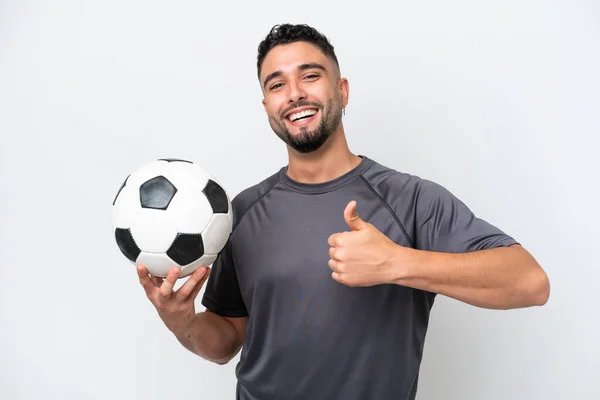 Arabische Jonge Voetballer Man Geïsoleerd Witte Achtergrond Geven Van Een — Stockfoto