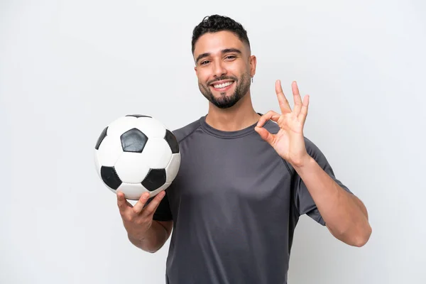Arab Young Football Player Man Isolated White Background Showing Sign — Stock Photo, Image