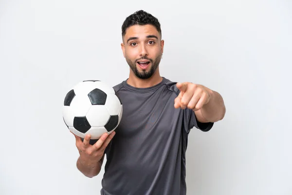 Arab Young Football Player Man Isolated White Background Surprised Pointing — Stock Photo, Image