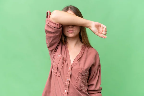 Young Beautiful Blonde Woman Isolated Background Covering Eyes Hands — Stock Photo, Image
