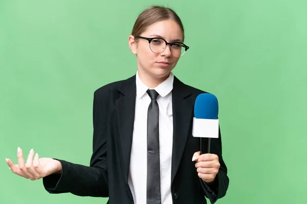 Young Presenter Caucasian Woman Isolated Background Making Doubts Gesture While — Stock Photo, Image