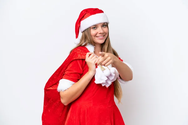 Mladá Běloška Žena Oblečená Jako Maminka Noel Drží Vánoční Pytel — Stock fotografie