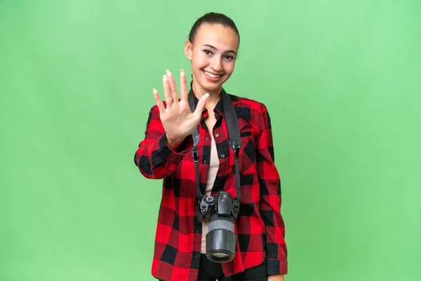 Jeune Photographe Femme Arabe Sur Fond Isolé Comptant Cinq Avec — Photo