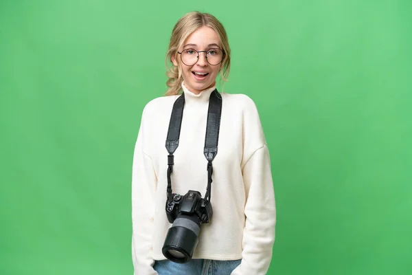 Mladý Fotograf Anglická Žena Přes Izolované Pozadí Překvapením Výraz Obličeje — Stock fotografie