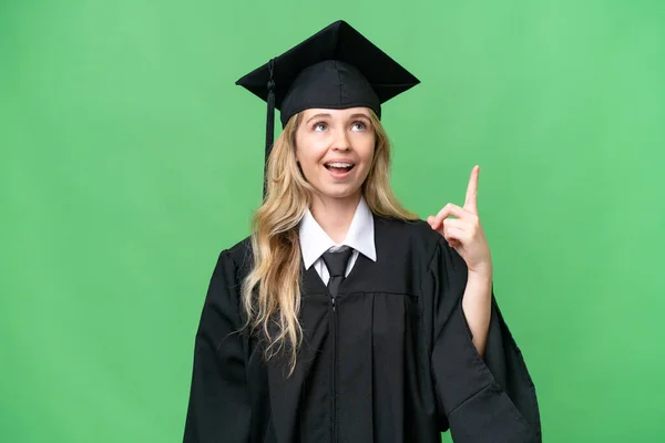 Jovem Universitária Inglês Pós Graduação Mulher Sobre Fundo Isolado Apontando — Fotografia de Stock