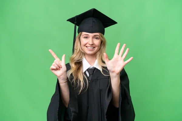 Young university English graduate woman over isolated background counting seven with fingers
