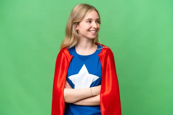 Super Hero English Woman Isolated Background Looking Side — Stock Photo, Image