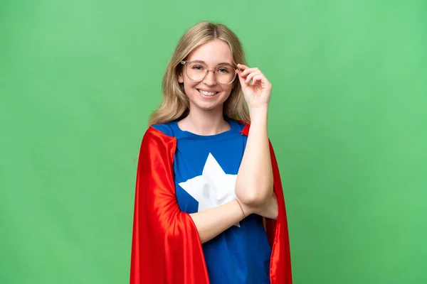 Super Hero English Woman Isolated Background Glasses Happy — Stock Photo, Image
