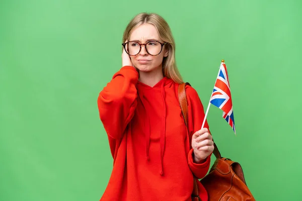 Junge Hispanische Frau Mit Britischer Flagge Vor Isoliertem Hintergrund Frustriert — Stockfoto