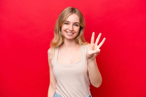 Jovem Inglesa Isolada Fundo Vermelho Feliz Contando Três Com Dedos — Fotografia de Stock