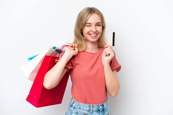 Ung Engelsk Kvinna Isolerad Vit Bakgrund Håller Shoppingväskor Och Ett — Stockfoto